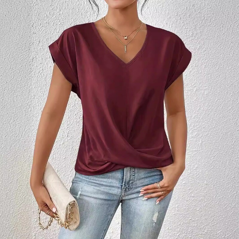 Women's solid V-neck basic tee for casual comfort  