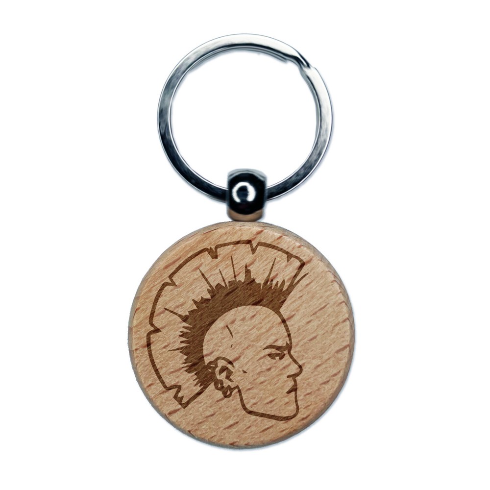 Punk Rocker with Mohawk Engraved Wood Round Keychain Tag Charm
