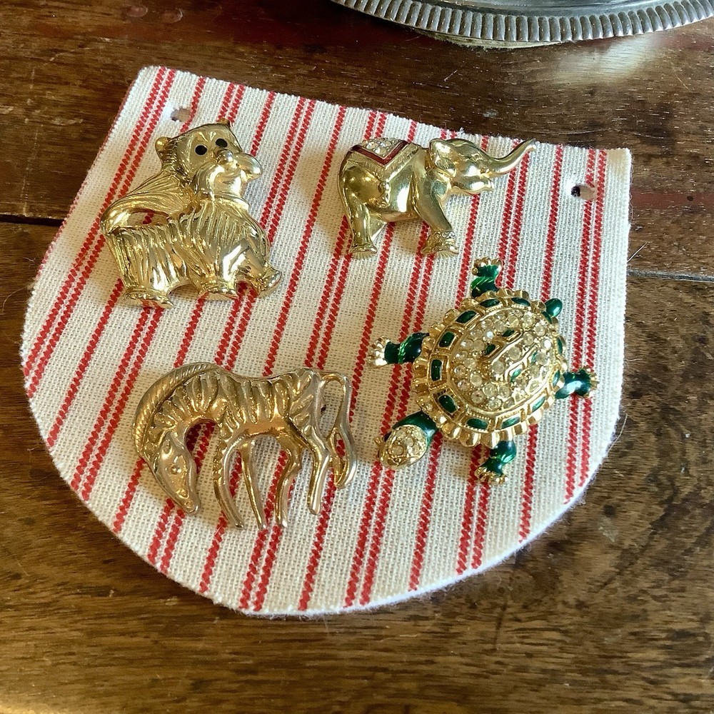 Lot of 4 Vintage Goldtone Animal Brooches/Pins Elephant Turtle Dog  Zebra