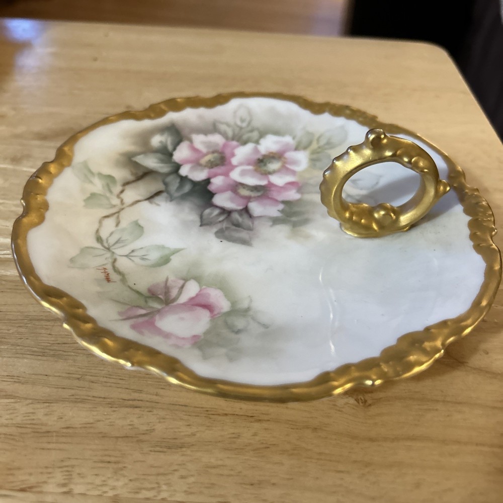 Vintage Hand Painted Floral Plate Golden Handle Limoges P And P  France   Y0305