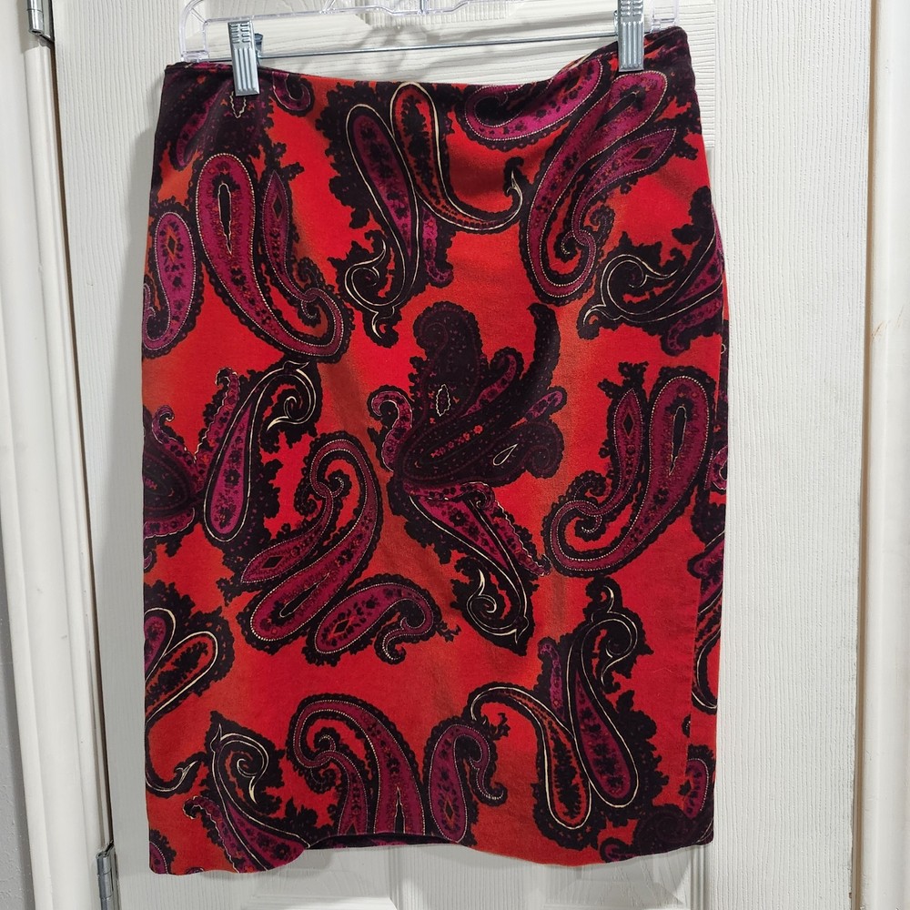 Talbots Skirt Women’s 6 Red Velvet Orange Paisley Pencil Career Holiday Party