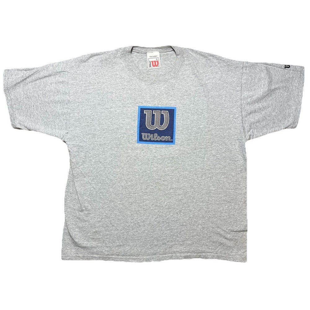 Vintage 90s Wilson Logo T Shirt Mens XL Gray Blue Graphic Athletic Sports Tee