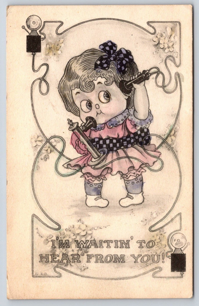 Vintage Postcard Old Antique Image Girl Hair Bow Pink Dress Telephone 1913 USA