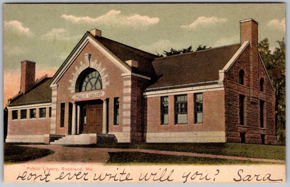 Antique Postcard Public Library Entrance Rockland, ME 1900s