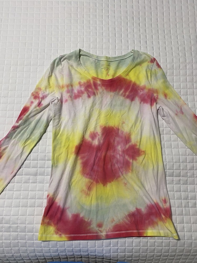 No Boundaries Tie Dye Long Sleeve Shirt Women L 11-13 Pink Yellow Scoop Neck Tee