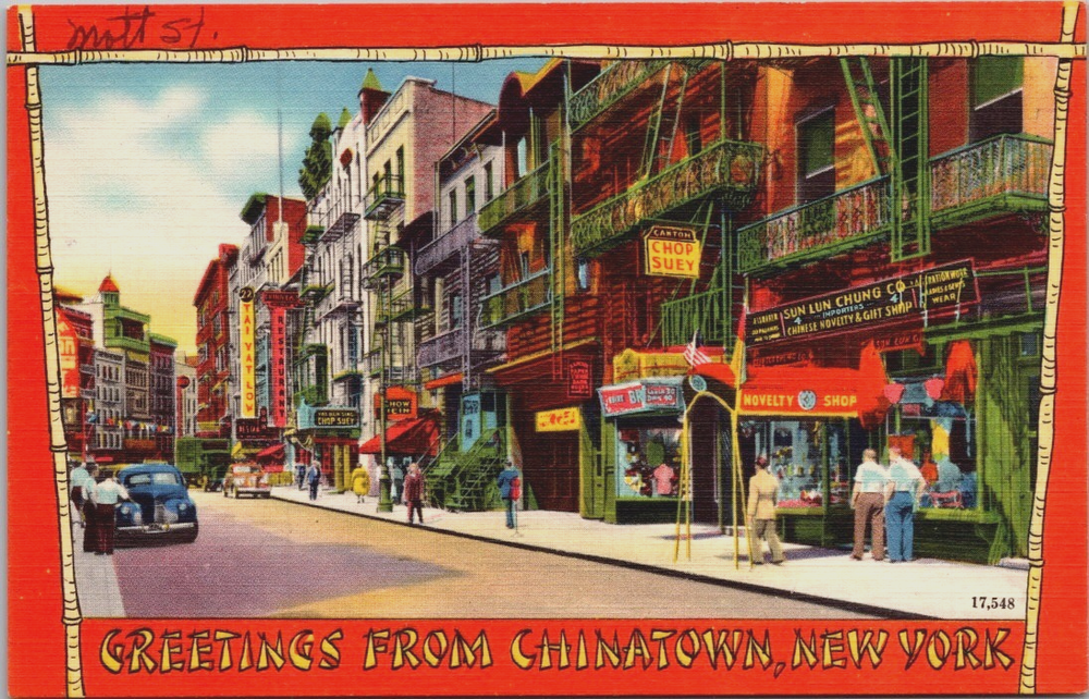 Greetings from Chinatown, New York,  Shops, Antique Cars Vintage Linen Postcard