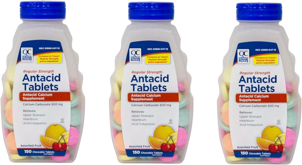 Calcium Carbonate 500mg Chewable Tablets, Antacid, 150 Count (Pack of 3)