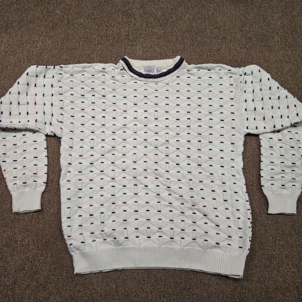 Cape Isle Knitters Mens Large Vintage Cotton Birdseye Knit Sweater Cream USA