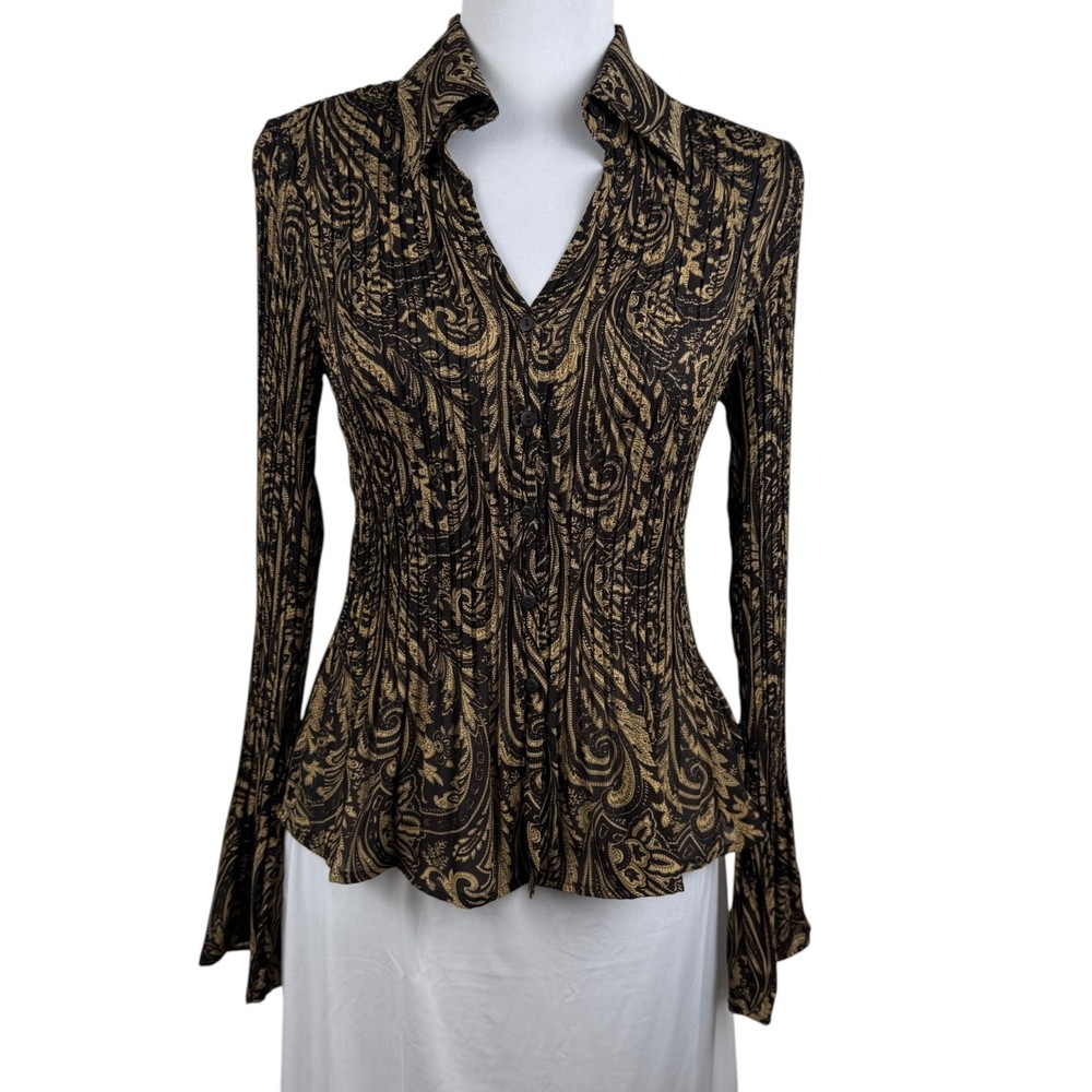 Sunny Leigh Women Blouse S Brown Beige Paisley Button Down Long Sleeve Pleated
