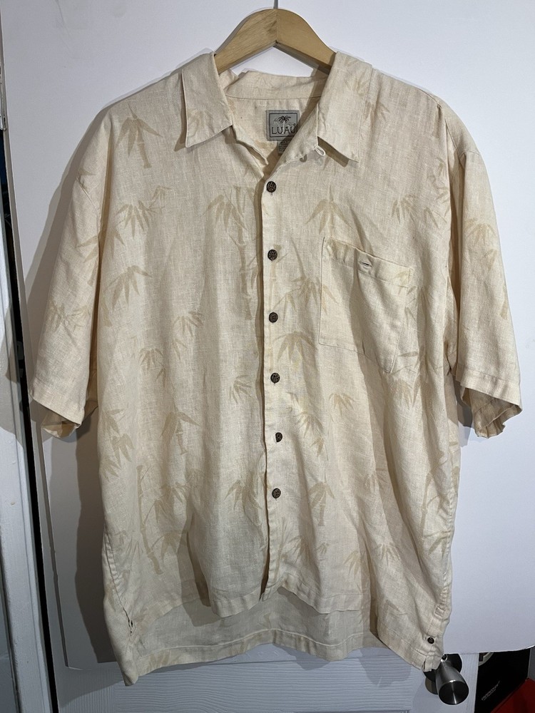 Luau Linen Blend Short Sleeve Button Down Hawaiian Shirt Men's  X Large Yellow