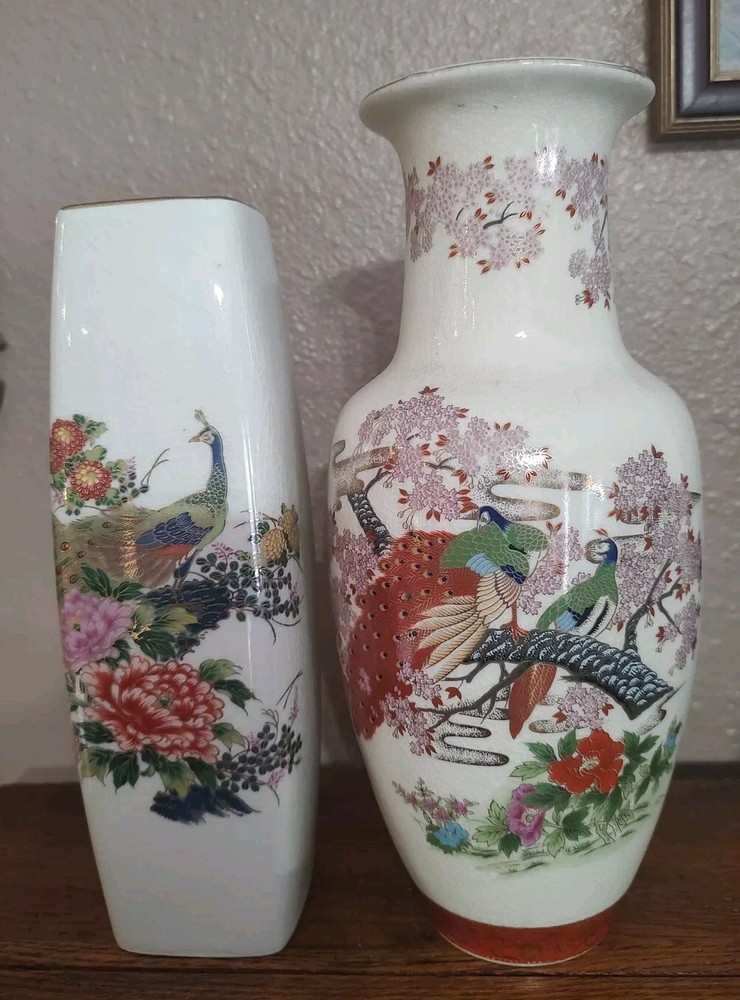 Vtg 2 Japanese Satsuma Crackle Glaze Vases W/Peacock & Floral Design 10
