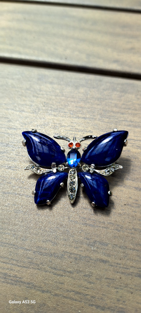 Vintage Signed WEISS Faux Lapis & Rhinestone Butterfly Brooch Pin