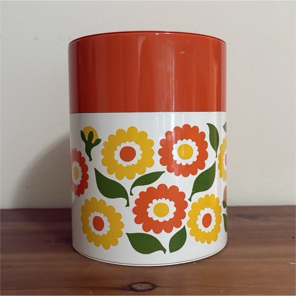 Vintage 70s Retro Flower Power Metal Single Canister Made in Japan
