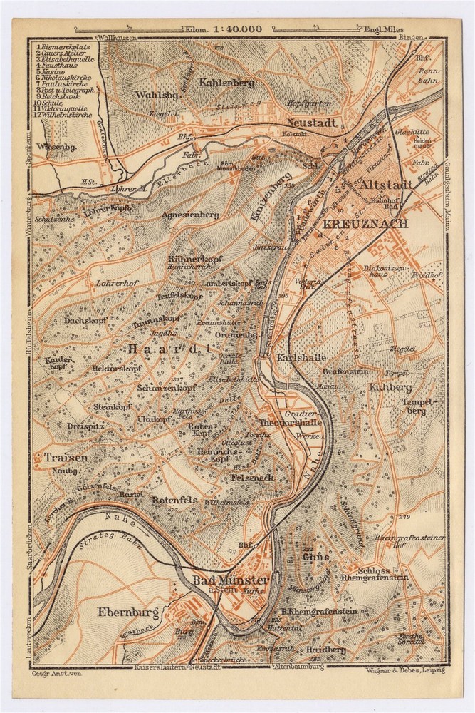 1911 Original Antique Map Of Bad Kreuznach / Germany