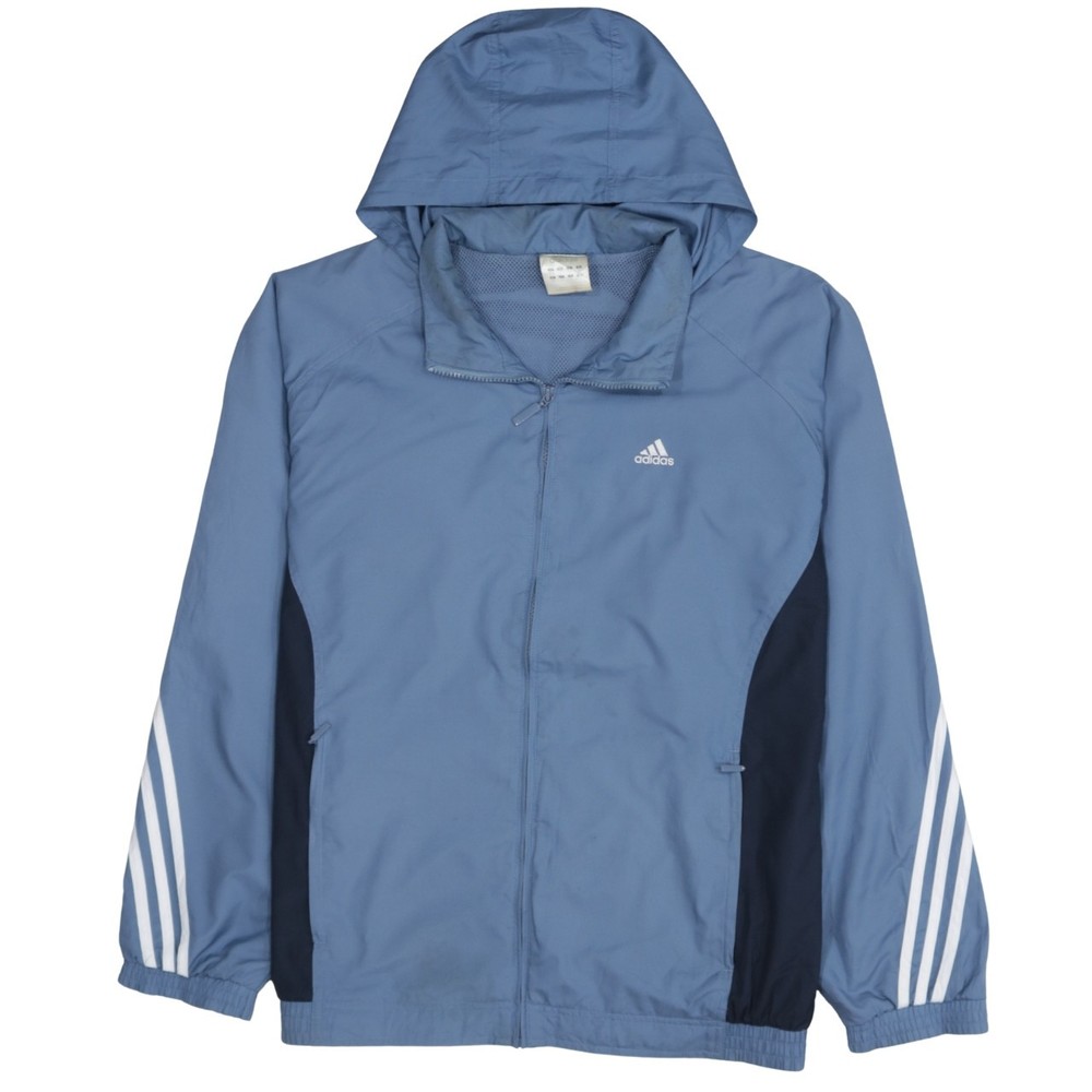 Adidas Mens Windbreaker Jacket Blue Hooded Full Zip Three Stripe Mesh Lined M