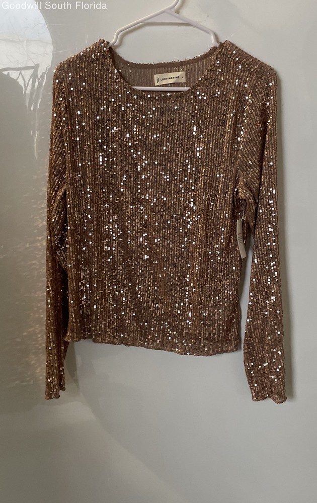 Lucky Brand Womens Brown Sequin Long Sleeve Round Neck Blouse Top Sz L With Tag