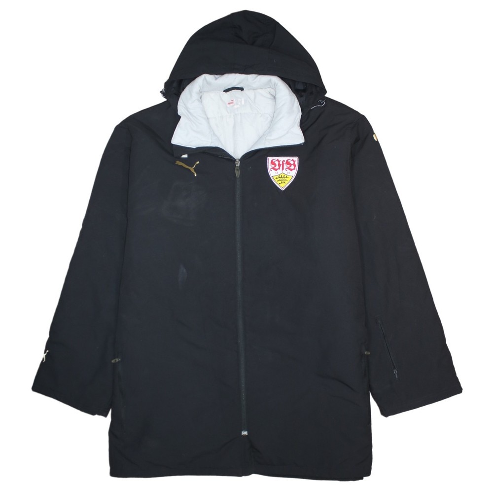 Puma Mens Hooded Puffer Jacket Black Embroidered Logo Full Zip Long Coat XXL