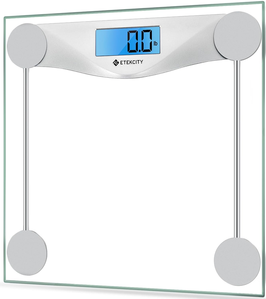 Digital Bathroom Scale 400lb Capacity Tempered Glass Blue Backlit LCD Display