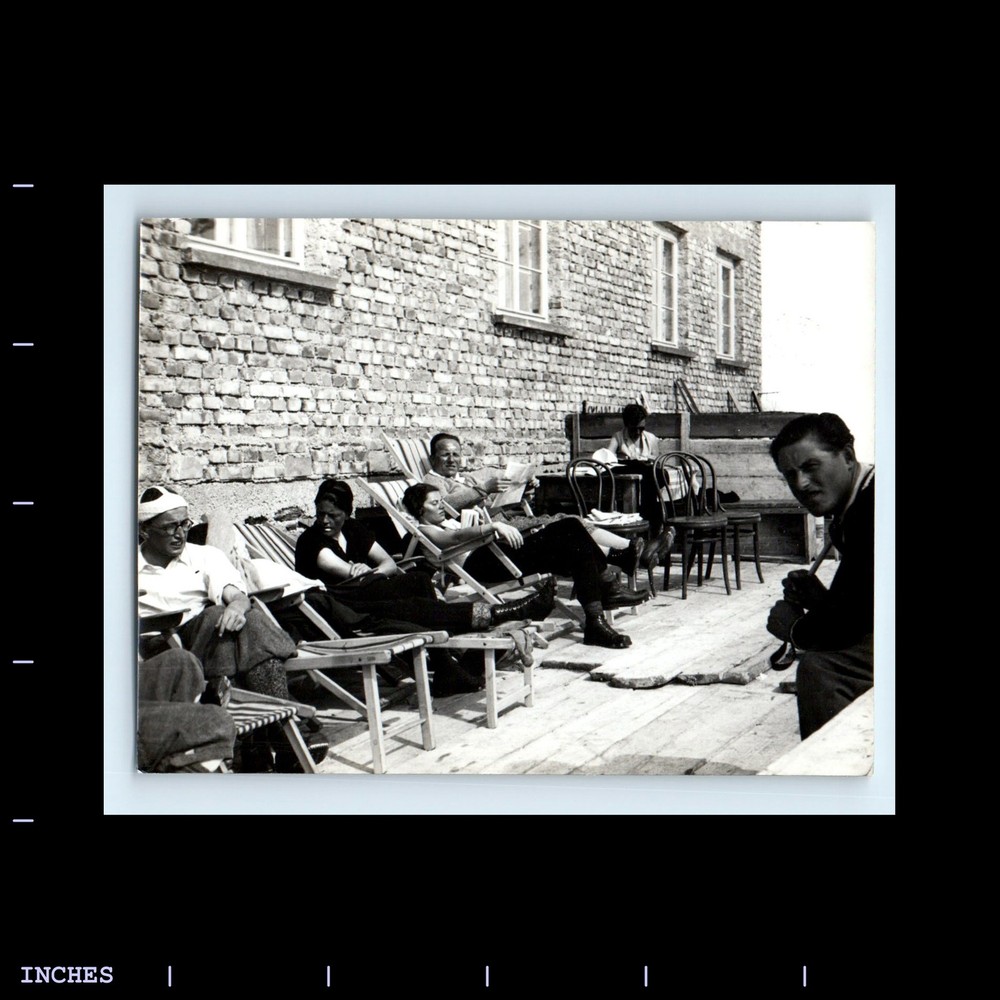 Old Vintage Photo MEN WOMEN SITTING OUTSIDE BRICK BUILDING