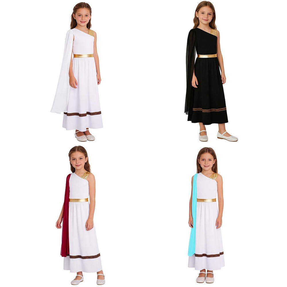 Kids Greek Roman Toga Costume Patchwork Sleeveless Dress Seamed With Shawl Cape