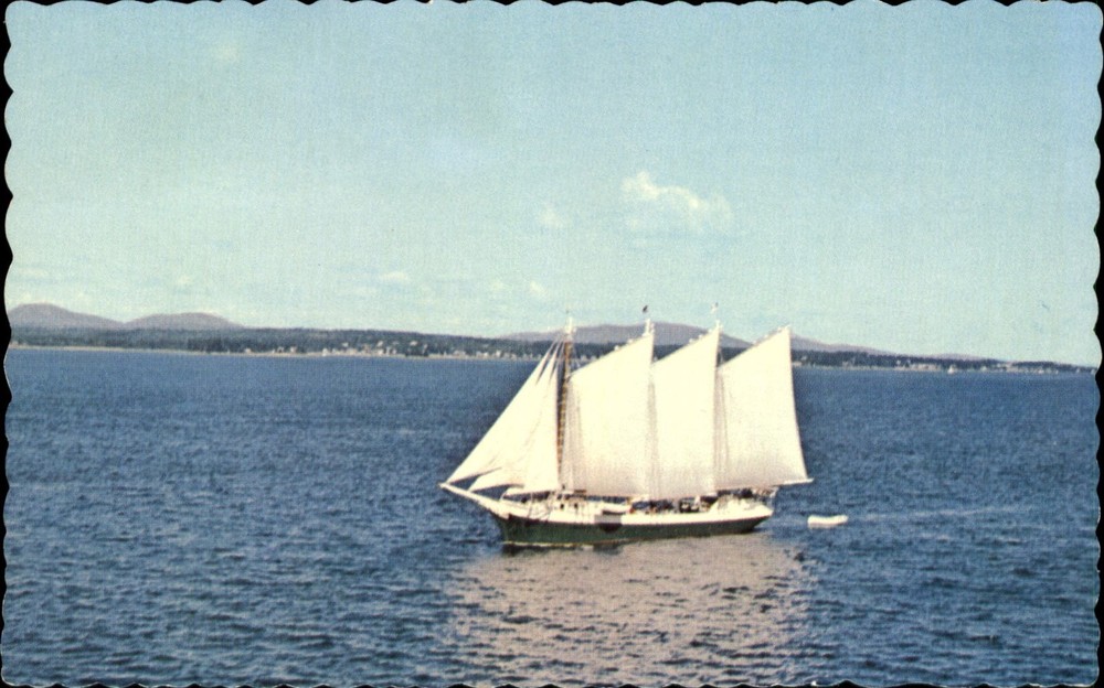 Victory Chimes ~ 3 masted schooner ~ along Maine coast ~ 1970s postcard