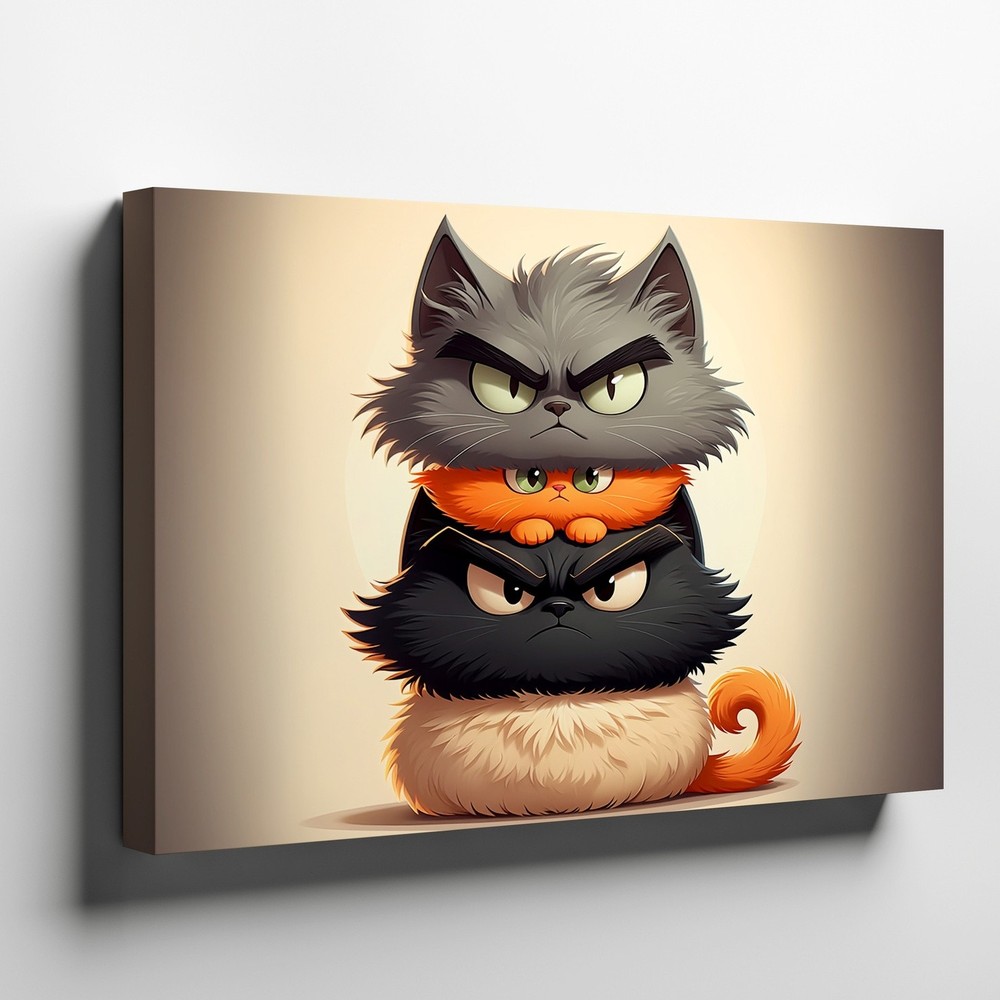 Funny angry cartoon cats stack canvas wall art cute animal print home decor