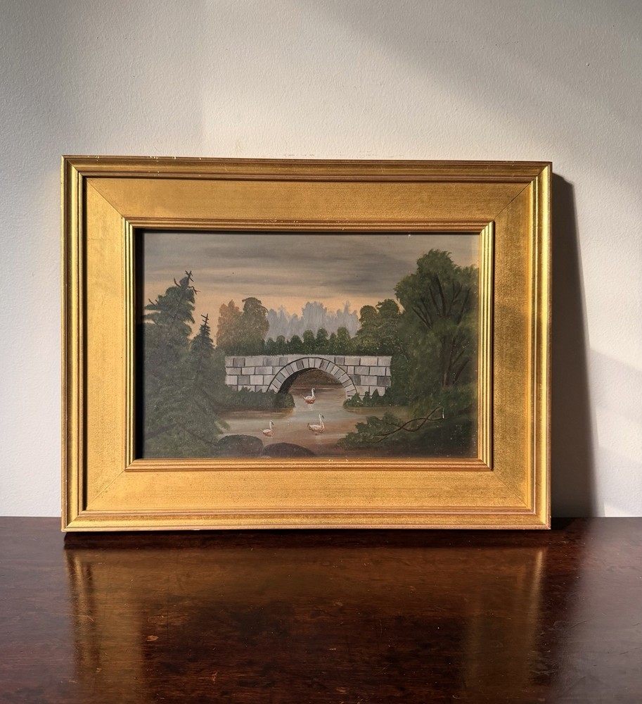 Antique European Oil Painting Forest River Bridge Swans Landscape 19th C