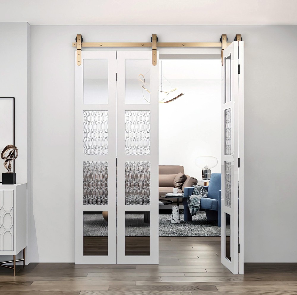 65-Inch Bifold Sliding Barn Door Hardware Kit with Front Mount and Yellow Powder Coated Finish