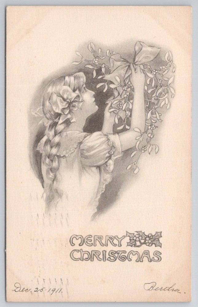 1911 Christmas Mistletoe Girl Postcard Posted from Newark, NJ