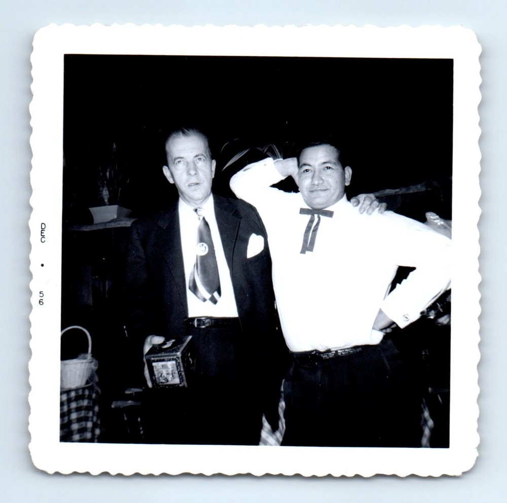 Old Vintage Square Photo PAIR AFFECTIONATE MEN HOLDING CAMERA 1956 SNAPSHOT