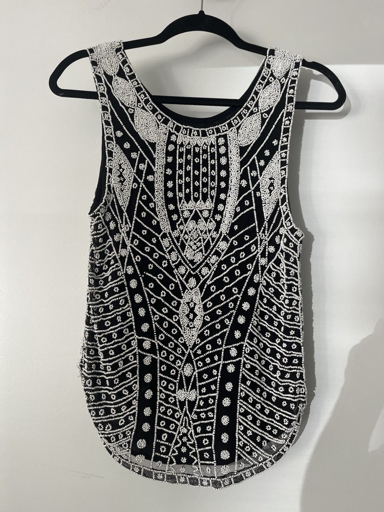 Vintage Ladies, Sleeveless, Black And White Beaded Top Size Small