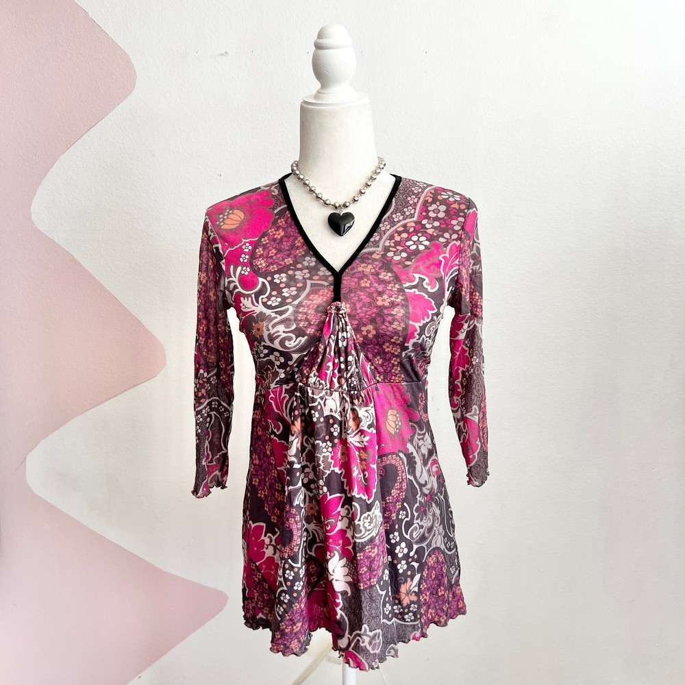 Vintage Y2K Pink Paisley Babydoll Top 2000s Boho Fairy Grunge Small