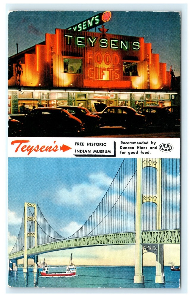 Vintage Teysen's Mackinaw City Michigan Bridge City Litho Postcard