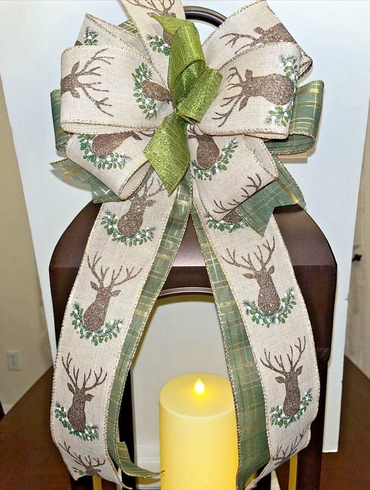 Reindeer Christmas Tree Topper Bow with Green Accent Ribbon 10