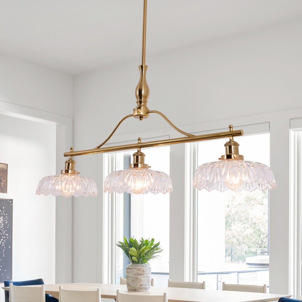 3-Lights Glass Chandelier Mid-Century Brass Gold Pendant Lamp Ceiling Lighting
