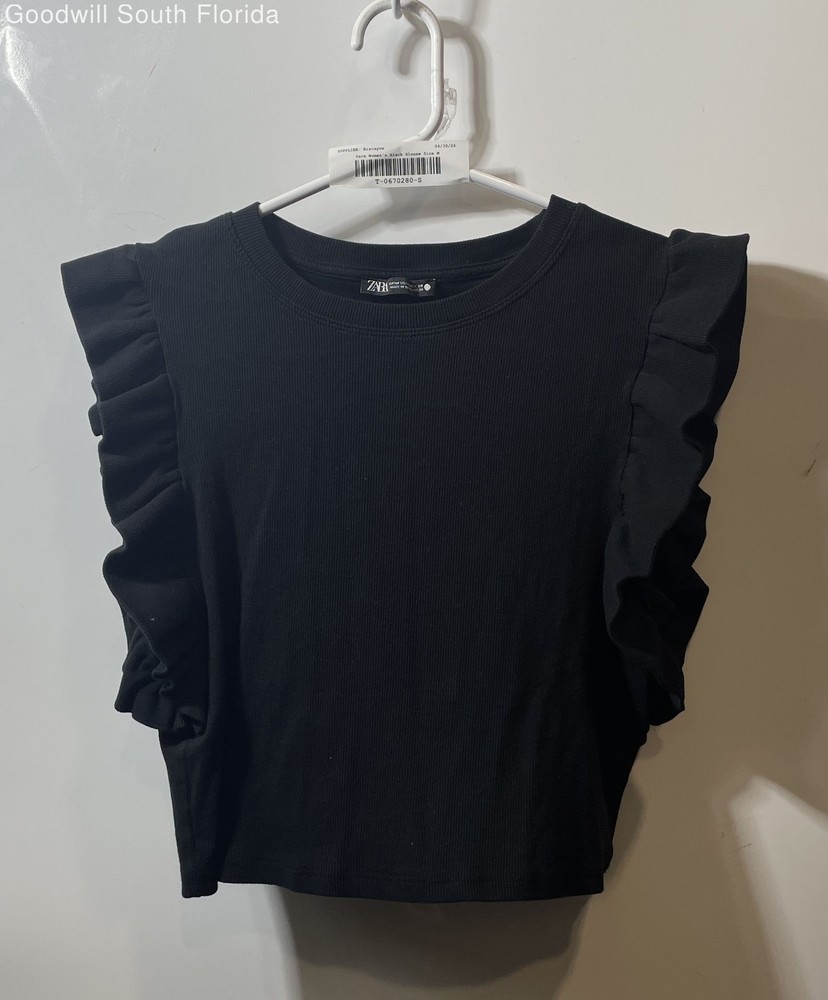 Zara Womens Black Short Sleeve Ruffle Crew Neck Ribbed Cropped Blouse Top Size M