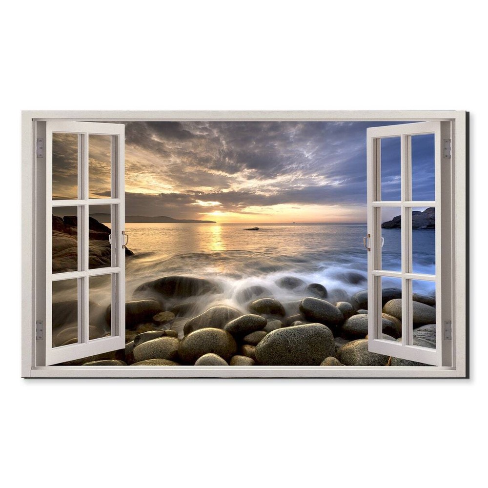Sunset Over Rocks On The Beach Window View Wall Art Canvas Unframed Print Art