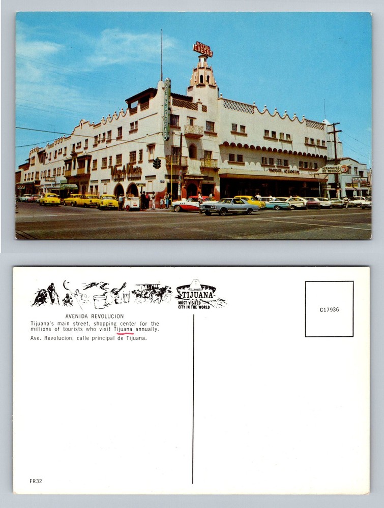 Mexico Tijuana, Baja California, Main Street & Hotel Caesar Vintage Postcard