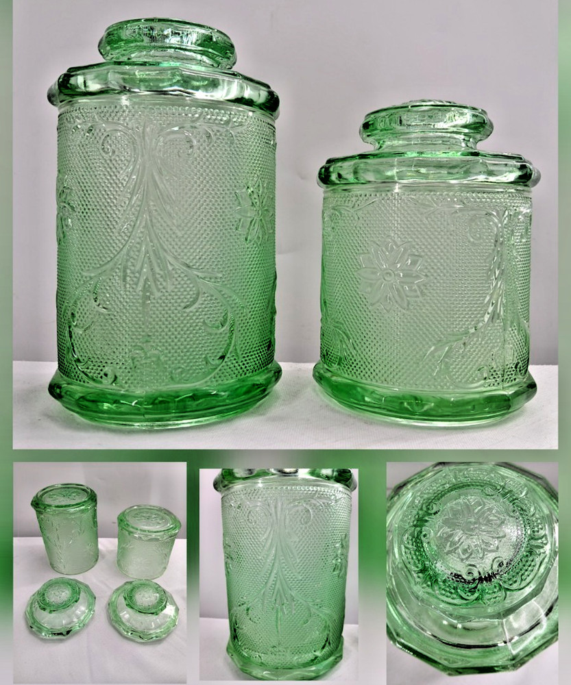 Vintage Set of 2 Canisters lids Tiara ? Indiana Glass Green Canister 8.75