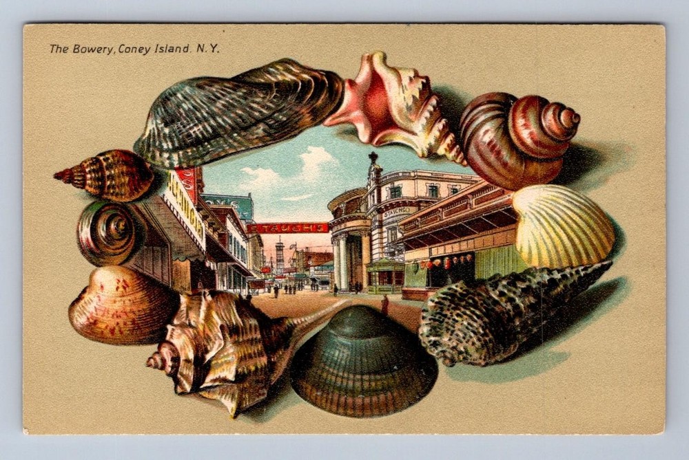 THE BOWERY CONEY ISLAND NEW YORK EMBOSSED SHELL BORDER POSTCARD (c.1907)