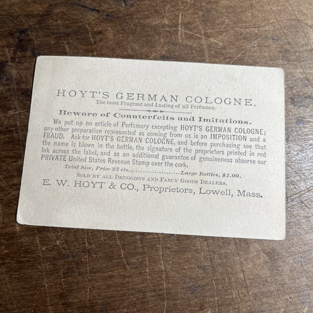 Antique Victorian Trading Card Hoyt's German Perfume in Cologne Lowell Mass - B1