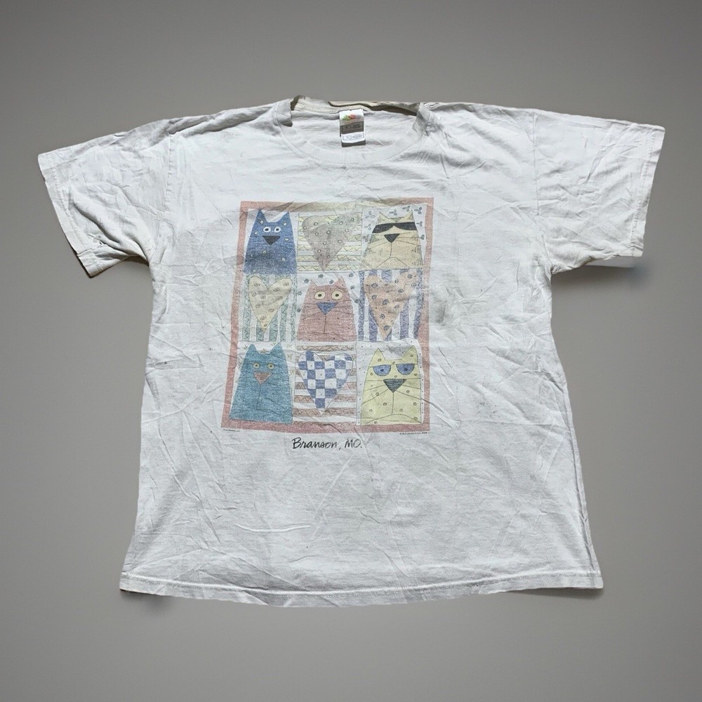 Vintage 90s Branson Missouri Cat Art Quilt Cartoon Art Shirt - Large Distressed
