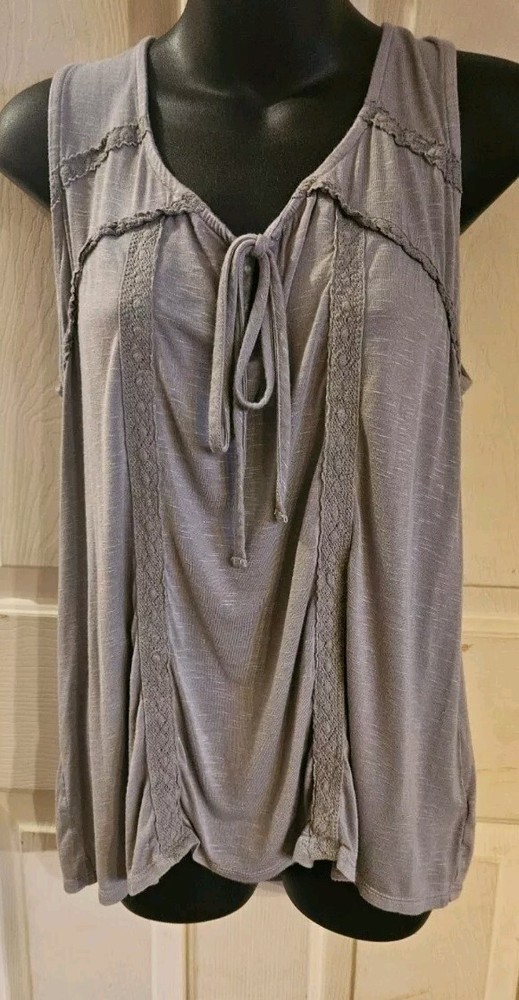 Knox Rose Womens Boho Tank Top Shirt Gray Lace Size Small Vneck