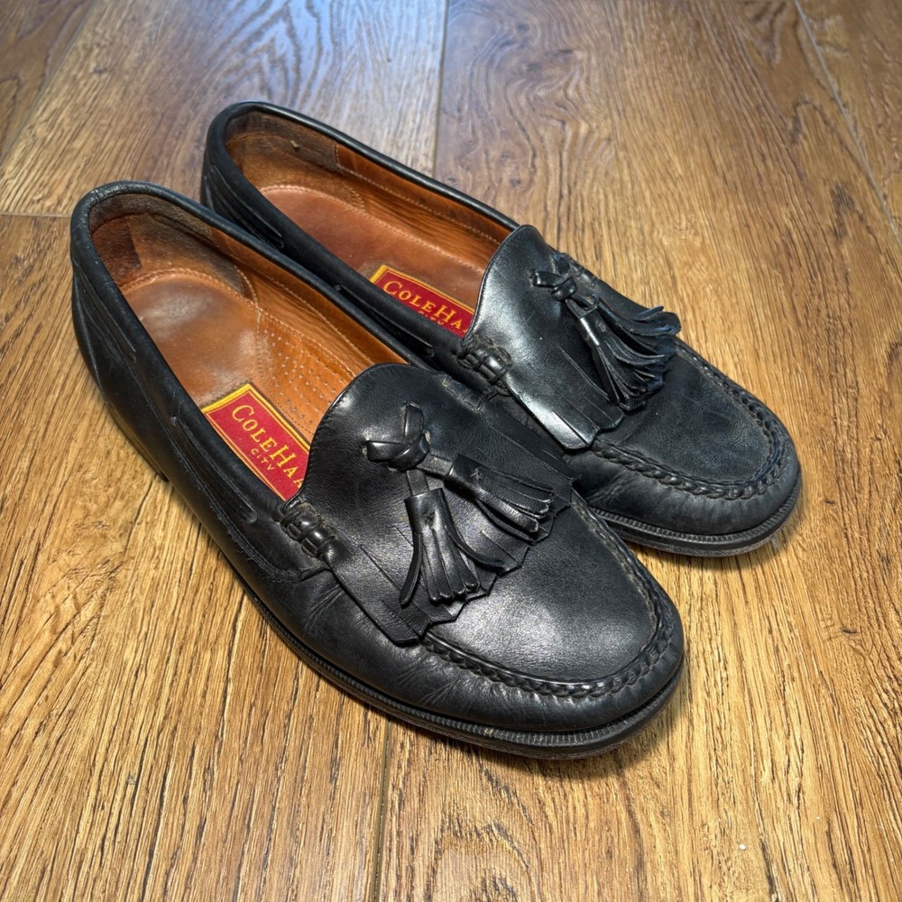 Cole Haan City Mens 9 D Black Leather Tassel Kiltie Loafers Dress Shoes VTG