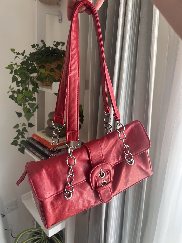Red Faux Leather Shoulder Bag With Silver Hardware