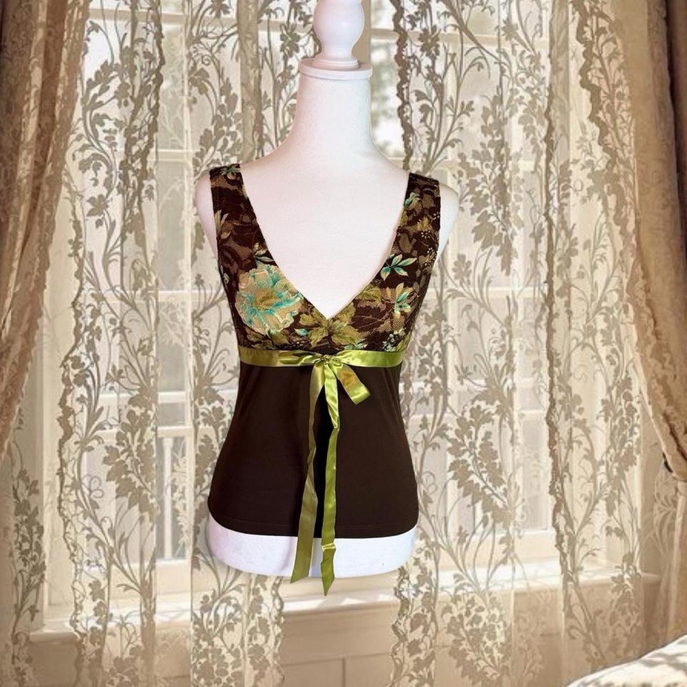 Vintage Y2K Deadstock Brown & Green Fairycore Lacey Top With Empire Waist Ribbon