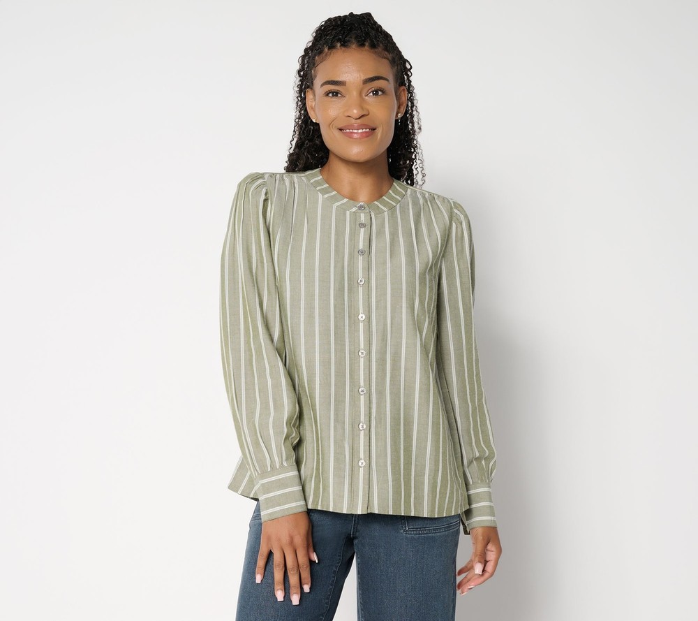 Me by Jennie Garth Women's Top Sz S Goldie Yarn Dye Striped Blouse Green A706536