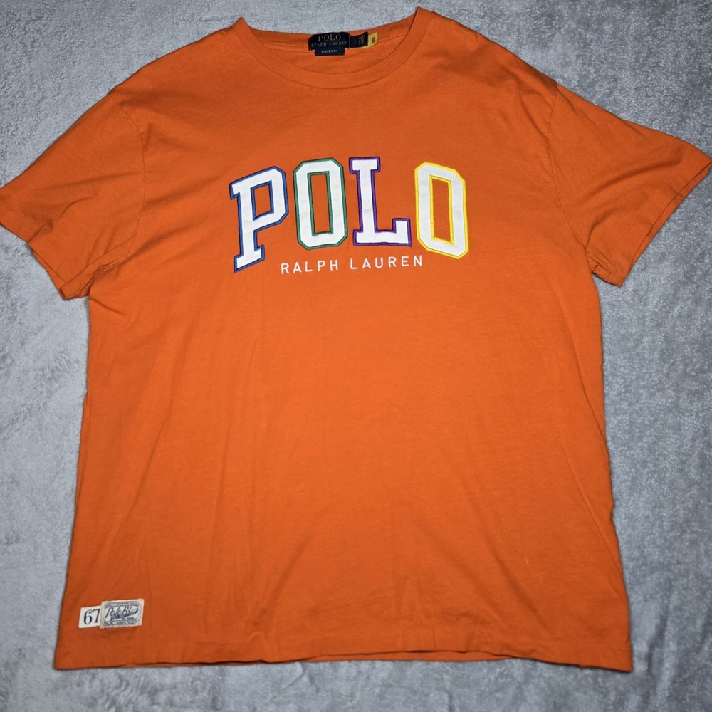 Polo Ralph Lauren 67 Tag T-Shirt Embroidered Spellout Orange Men’s Size Large