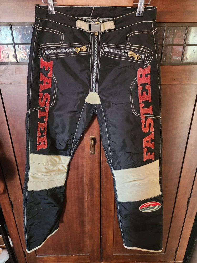 RARE Vintage Diesel Moto Pants Black Beige Red Leather Padded Zipper Pocket
