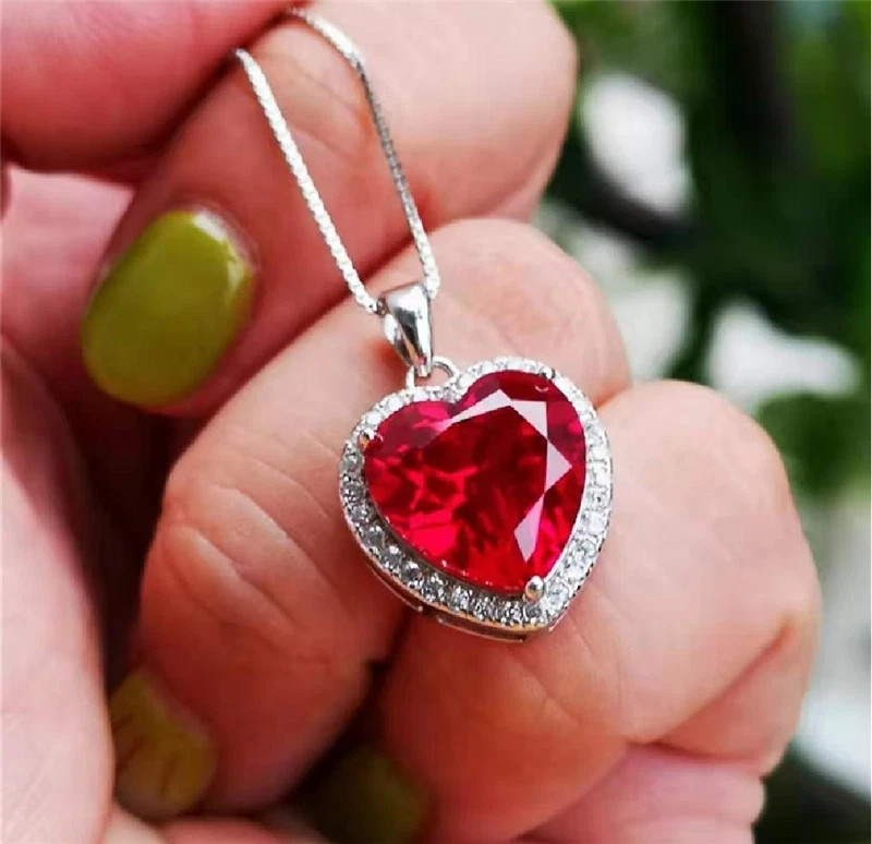 2.5Ct Heart Cut Red Ruby Diamond Halo Heart Womens Pendant 14K White Gold Finish